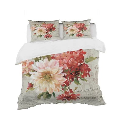 Designart 'Red Painted Flowers on Vintage Postcard III' Cottage Bedding Set