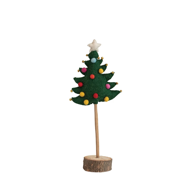 Hello Honey® 15" Star-Topped Handmade Wool Felt Tree with Pom Poms, Jingle Bells & Wood Slice Base