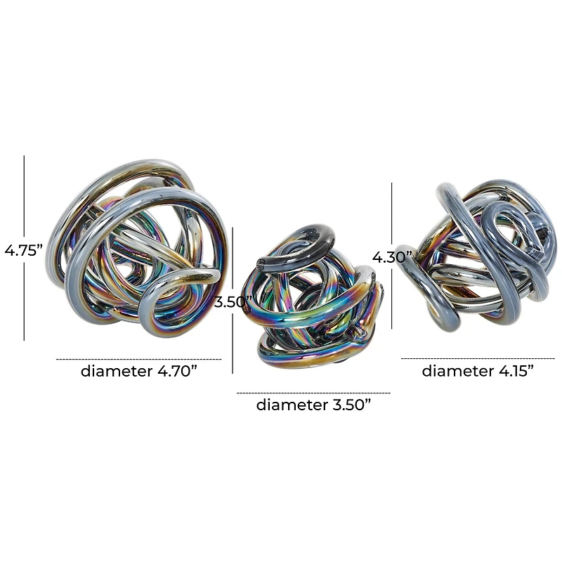 Silver Glass Abstract Iridescent Knotted Ball Sculpture Set