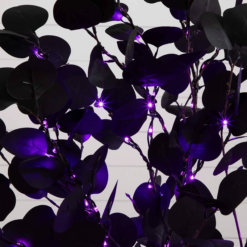 4ft. Pre-Lit Artificial Halloween Black Eucalyptus Tree with 160 Orange & Purple LED Lights