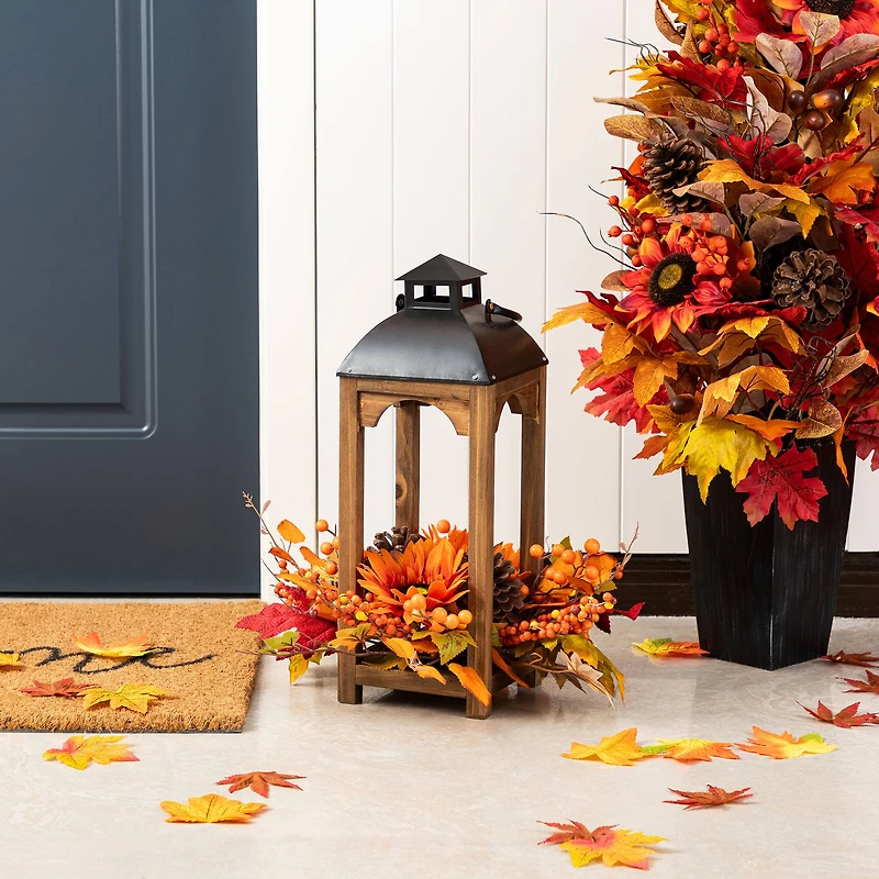 Glitzhome® 20" Fall Sunflower, Pinecone and Berry Wood Lantern Centerpiece