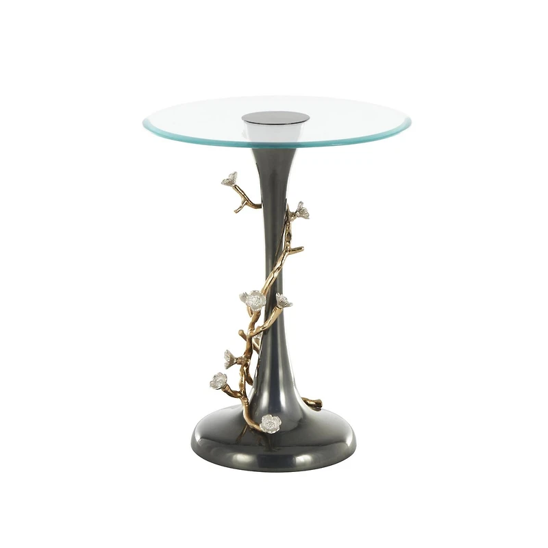 22.75" Black Aluminum Floral Twisted Vine Accent Table with Gold & Silver Accents & Glass Tabletop