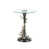 22.75" Black Aluminum Floral Twisted Vine Accent Table with Gold & Silver Accents & Glass Tabletop
