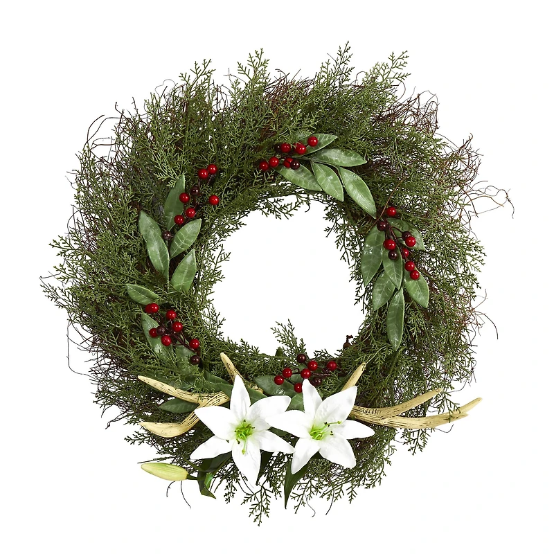 20" Cedar, Lilies & Berries with Antlers Wreath