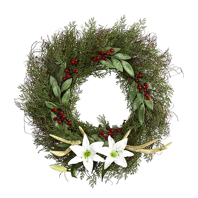 20" Cedar, Lilies & Berries with Antlers Wreath