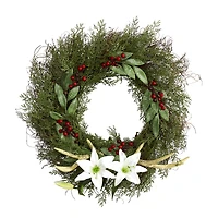 20" Cedar, Lilies & Berries with Antlers Wreath