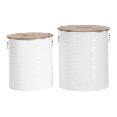 Set of 2 White Metal Farmhouse Storage Stool, 18", 16"