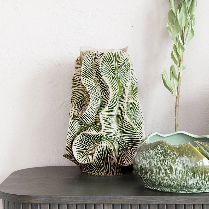 Hello Honey® 12.75" Green Textured Stoneware Organic Shaped Vase with Reactive Glaze