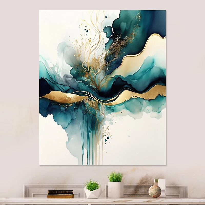 Designart 'Teal And Gold Abstract Expression III' Modern Canvas Wall Art