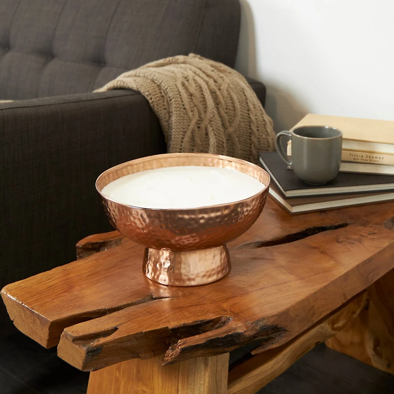 White Wax Tropical Breeze Scented Candle with Elevated Wide Hammered Copper Container