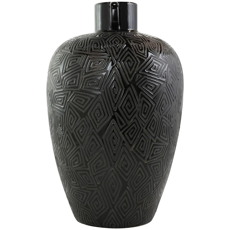 19" Black Ceramic Vase with Geometric Etchings