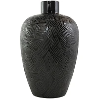 19" Black Ceramic Vase with Geometric Etchings