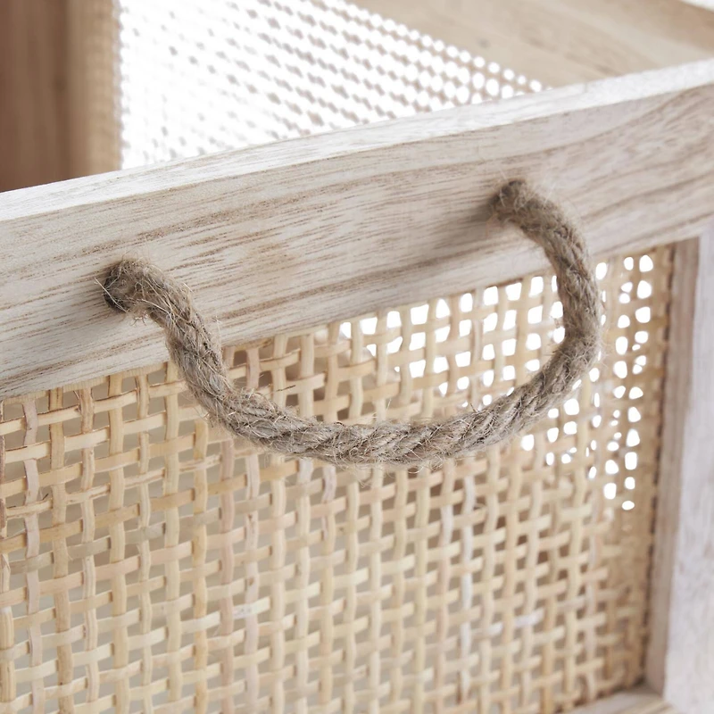 Light Brown Rattan Woven Basket with Rope Handles