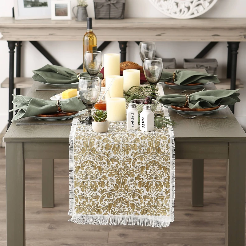 Gold Damask Print Jute Table Runner 14" x 108"