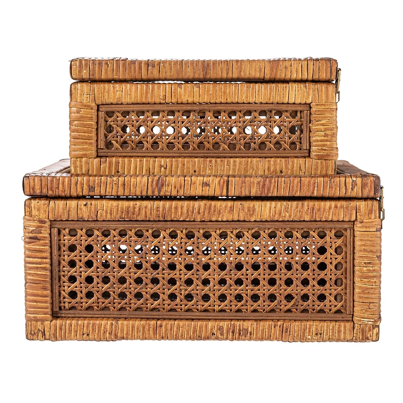 Hello Honey® Dark Brown Modern Decorative Square Woven Rattan & Wood Display Box Set with Glass Top