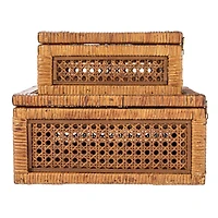 Hello Honey® Dark Brown Modern Decorative Square Woven Rattan & Wood Display Box Set with Glass Top