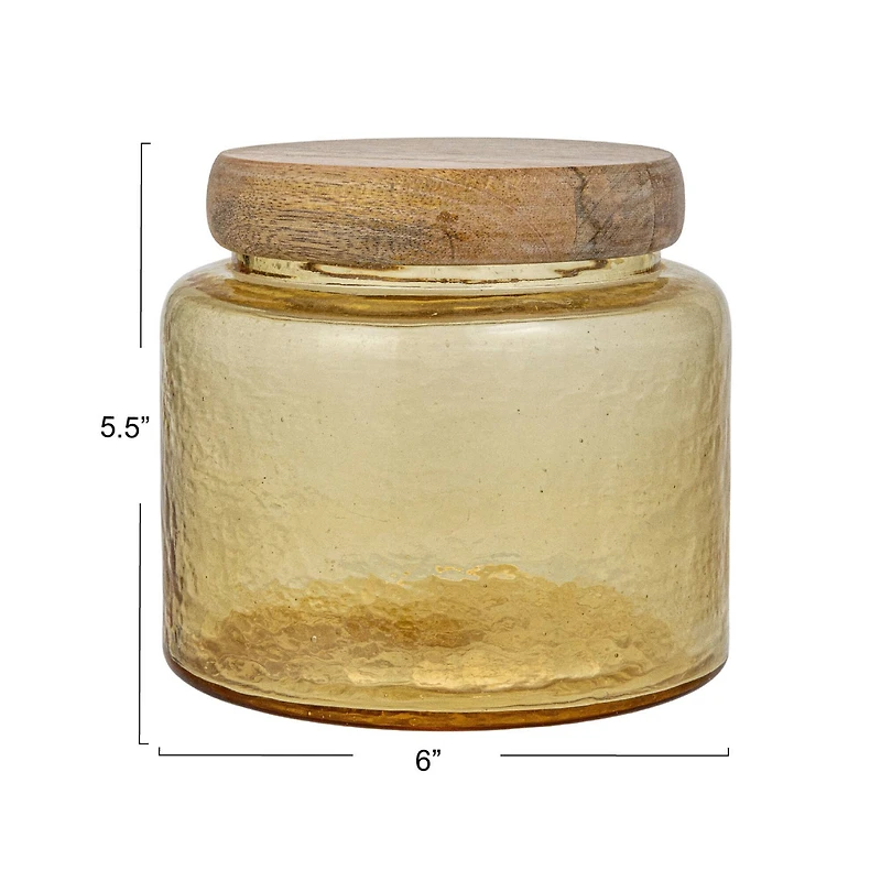 Hello Honey® Yellow & Whitewash Hammered Glass Jar with Mango Wood Lid