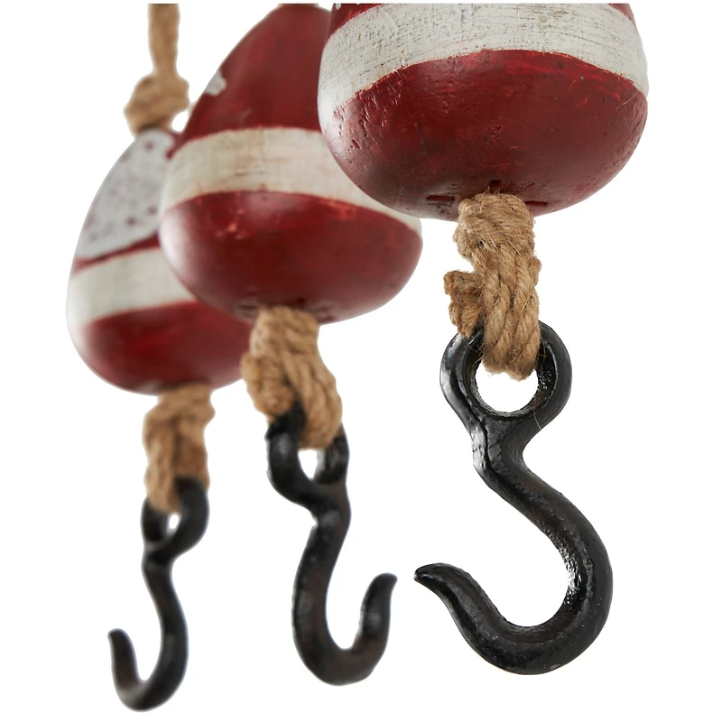 Red Wood Buoy Wall Hook with Jute Rope and Metal Hook Set