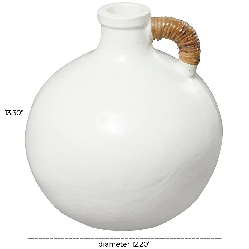 13" White Ceramic Jug Inspired Vase with Rattan Wrapped Handle