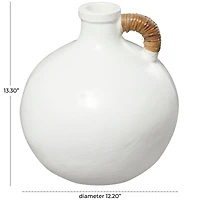 13" White Ceramic Jug Inspired Vase with Rattan Wrapped Handle