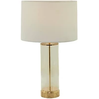 CosmoLiving by Cosmopolitan Gold Tempered Glass Transparent Base Table Lamp with Drum Shade 14" x 14" x 25"