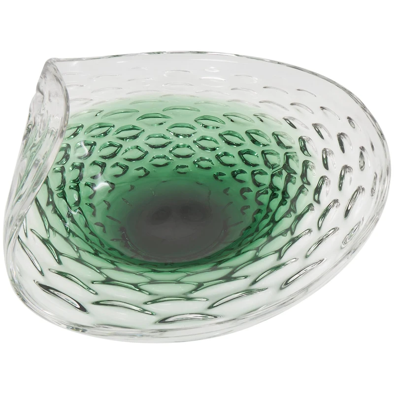 18" Handmade Green Ombre Abstract Wavy Glass Bowl with Bubble Texturing