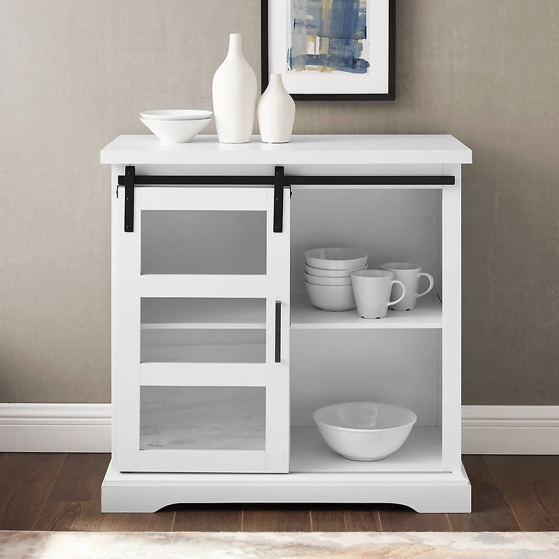 Walker Edison 32" Solid White Sliding Glass Door Modern Accent Cabinet