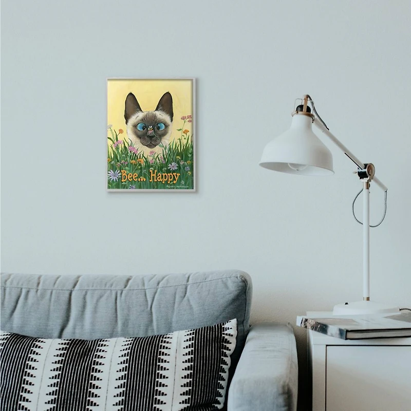 Stupell Industries Bee Happy Funny Cat Cartoon Pet Design Framed Wall Art