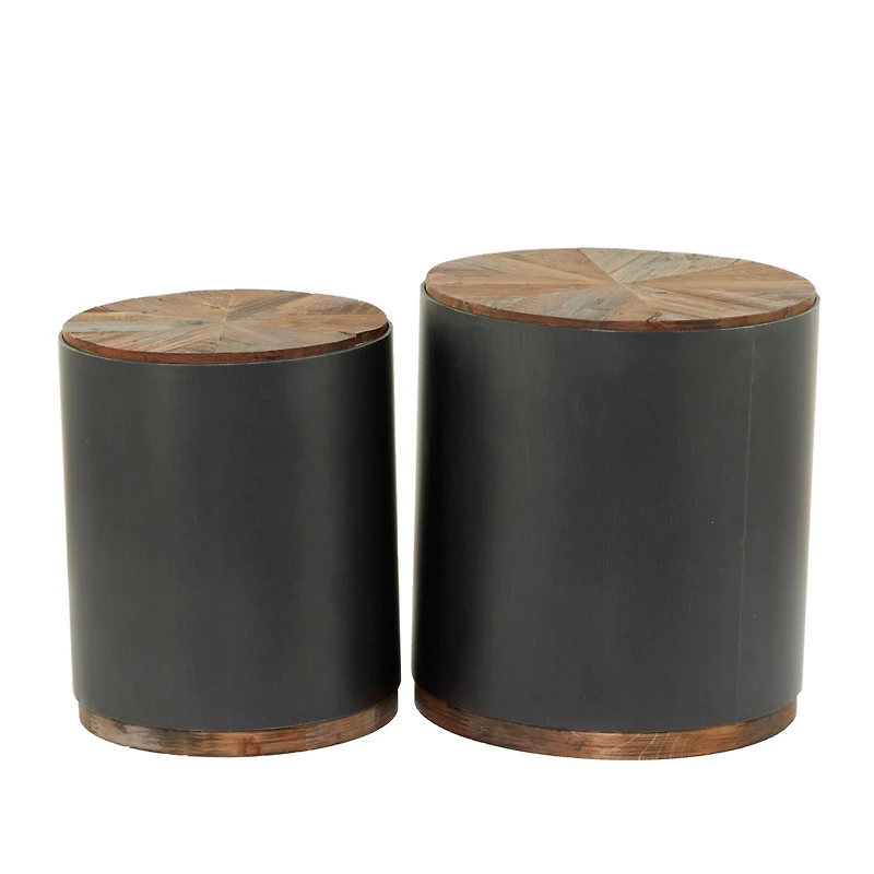 Black Metal Accent Table with Brown Wood Top Set of 2 21", 19"