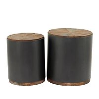 Black Metal Accent Table with Brown Wood Top Set of 2 21", 19"