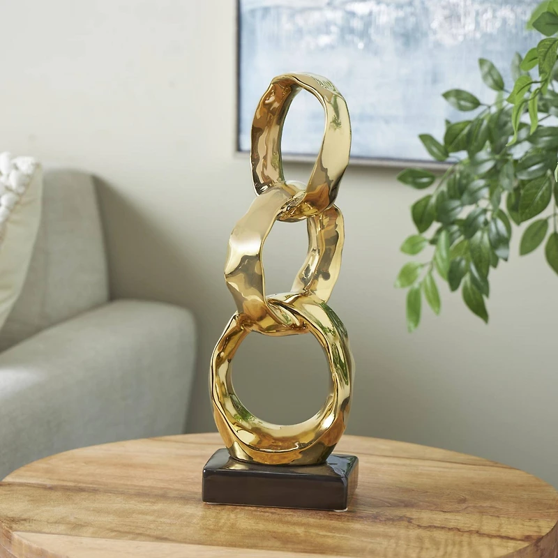 15" Gold Abstract Interlocked Rings Ceramic Sculpture with Black Base