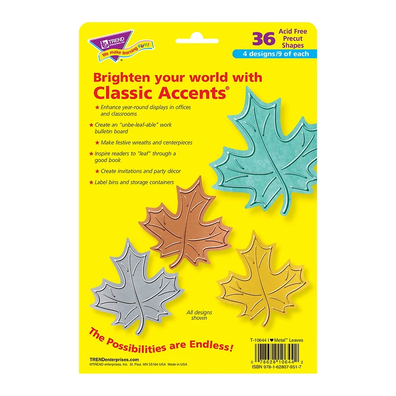Trend Enterprises® I Heart Metal Leaves Classic Accents® Variety Pack, 3 Packs of 36