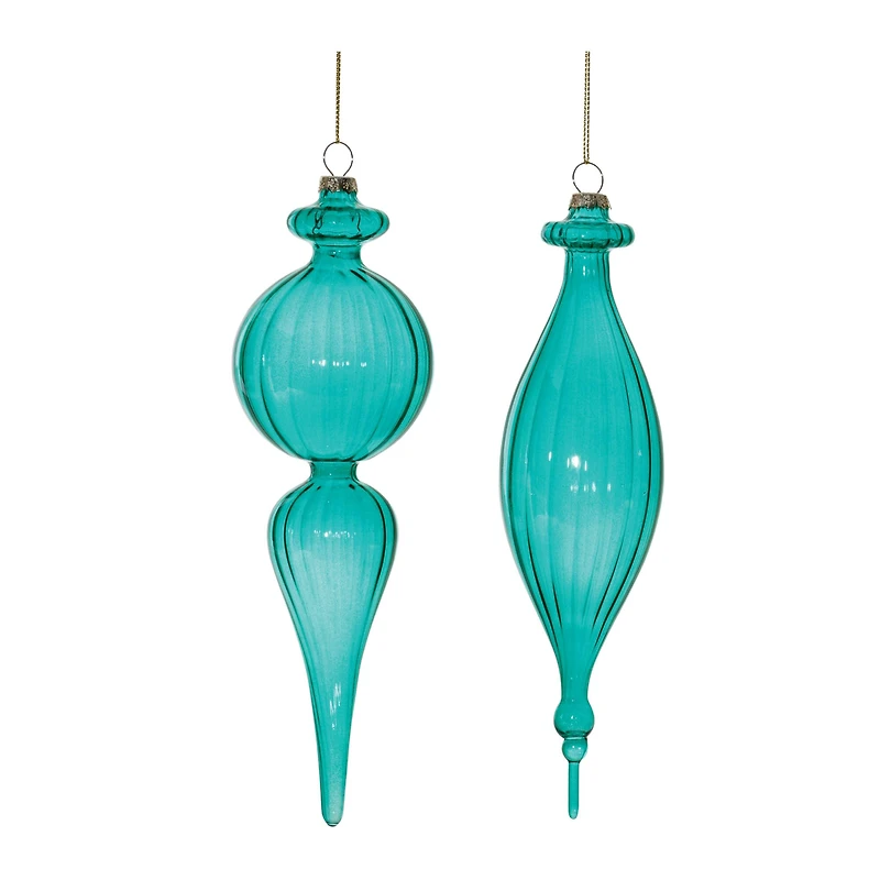 Blue Ribbed Glass Finial Drop Ornament Set