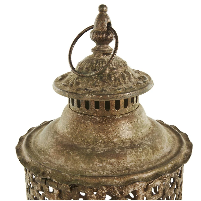 Brown Distressed Ornate Floral Candle Lantern Set