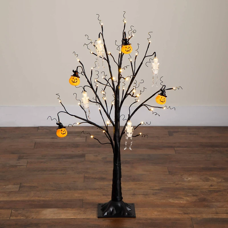 3ft. Pre-Lit Artificial Halloween Pumpkins and Skulls Ornament Tree with 48 Warm White LED Lights