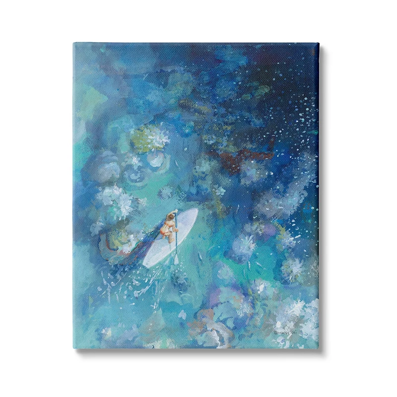 Stupell Industries Paddle Board Ocean Reef Tropical Scene Female Surfer Canvas Wall Art