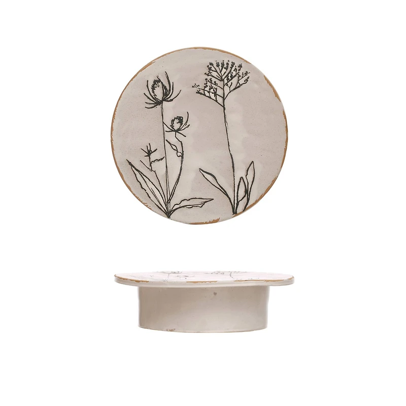 Hello Honey® 12" White & Black Round Debossed Stoneware Pedestal with Flowers & Reactive Glaze