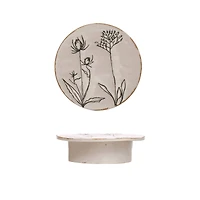 Hello Honey® 12" White & Black Round Debossed Stoneware Pedestal with Flowers & Reactive Glaze