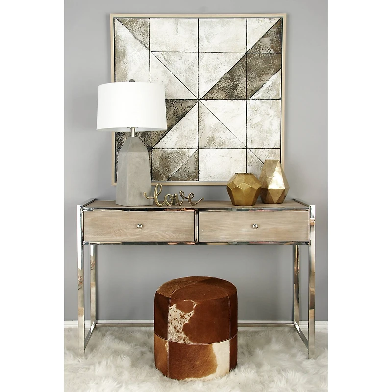 16" Brown Wood & Leather Farmhouse Ottoman