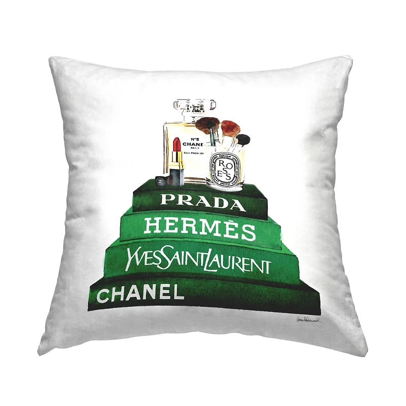 Stupell Industries Makeup Cosmetics Atop Glam Brand Bookstack Throw Pillow, 18" x 18"