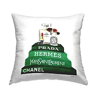 Stupell Industries Makeup Cosmetics Atop Glam Brand Bookstack Throw Pillow, 18" x 18"