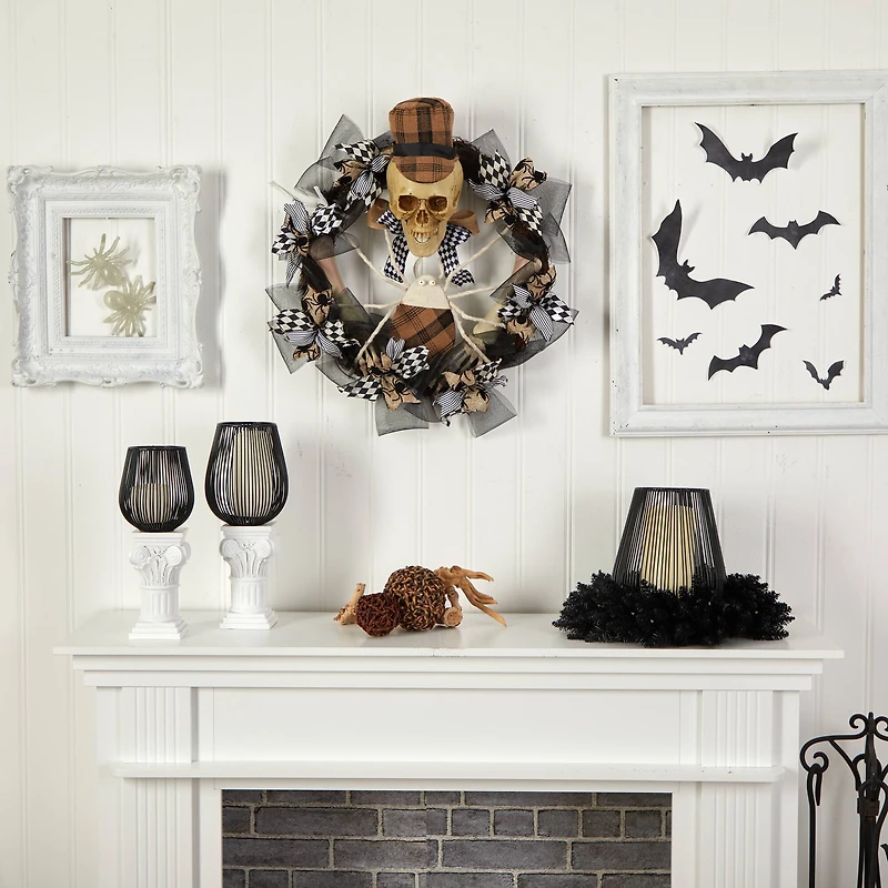 24" Halloween Skull in Plaid Mesh Wreath