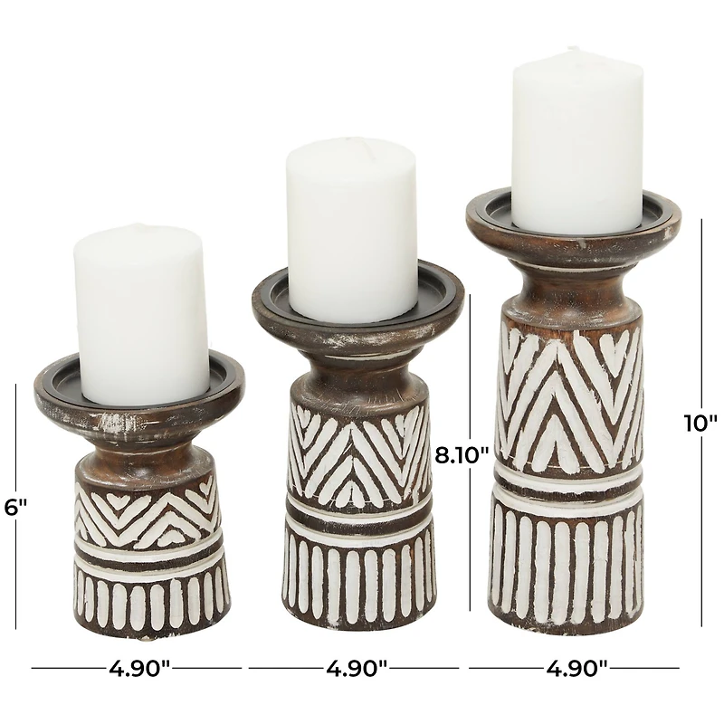 White Mango Wood Tribal Pillar Candle Holder Set