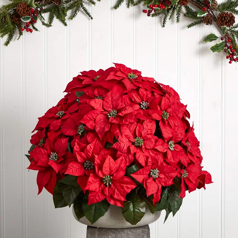 24" Large Poinsettia Artificial Plant in Stone Planter