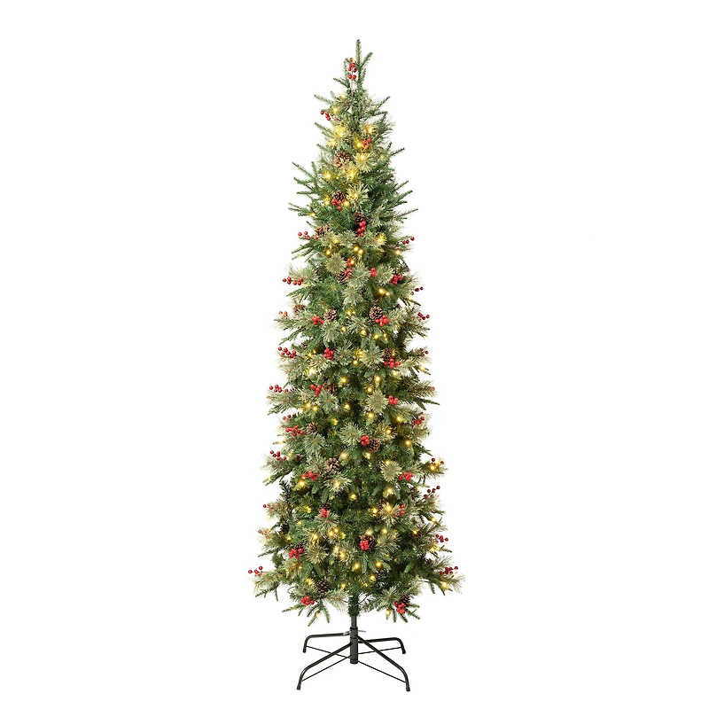 7.5ft. Pre-Lit Feel-Real® Virginia Pine Slim Artificial Christmas Tree with Berries & Pinecones, Warm White LED Lights