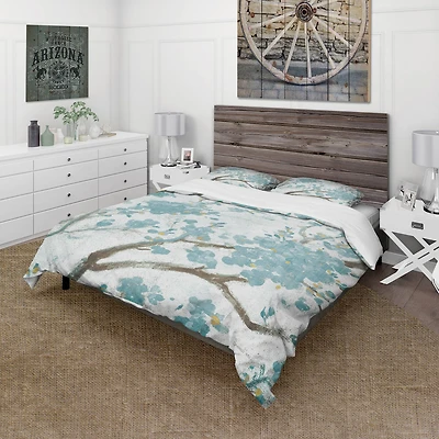 Designart 'Teal Cherry Blossoms I' Farmhouse Bedding Set