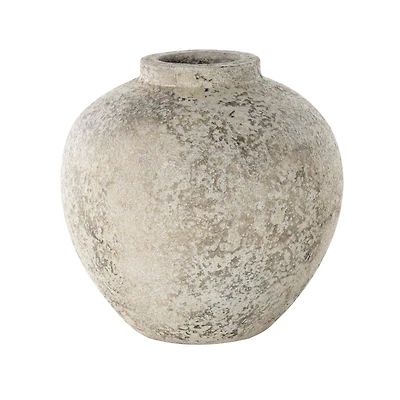 12" Cream Ceramic Antique Style Round Vase with Textured Distressing