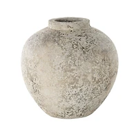 12" Cream Ceramic Antique Style Round Vase with Textured Distressing