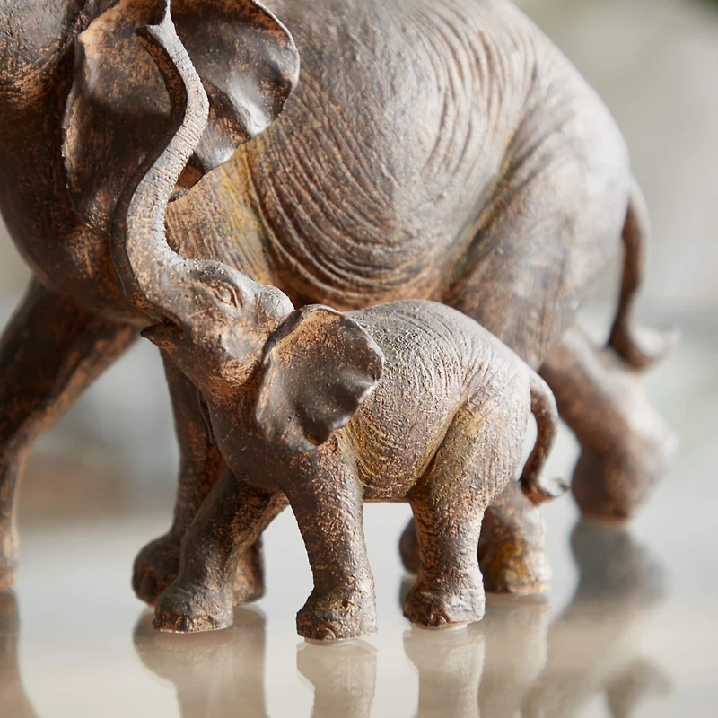 11" Brown Eclectic Polystone Elephants Sculpture