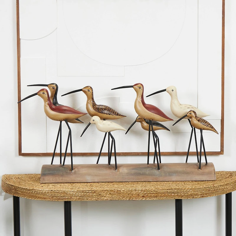 37" Brown Wood Bird Sculpture with Red Accents and Log Base